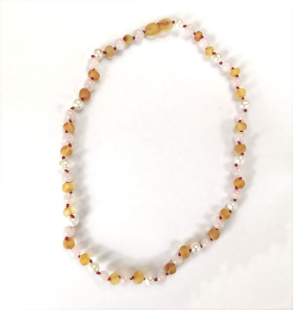 46cm Adult Sea Pearl, Unpolished Honey Amber and Rose Quartz Necklace